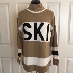 New Chic Tan Black White SKI Striped Mock Turtleneck Sweater Skiing Size…